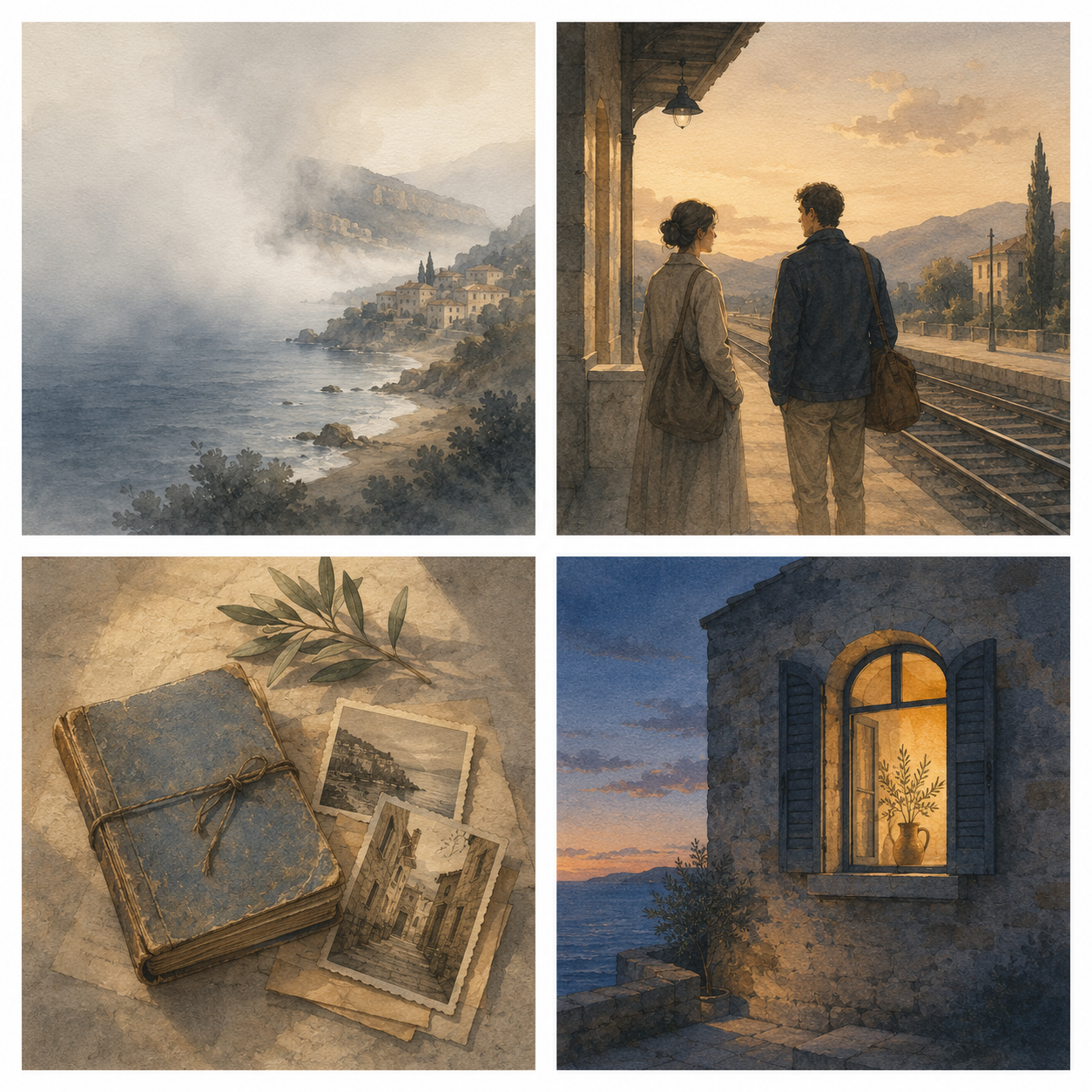 Four watercolor scenes for the orientation archetypes: a misty coastline, two figures on a train platform, an old notebook with photographs, and a lit window in a stone wall at dusk