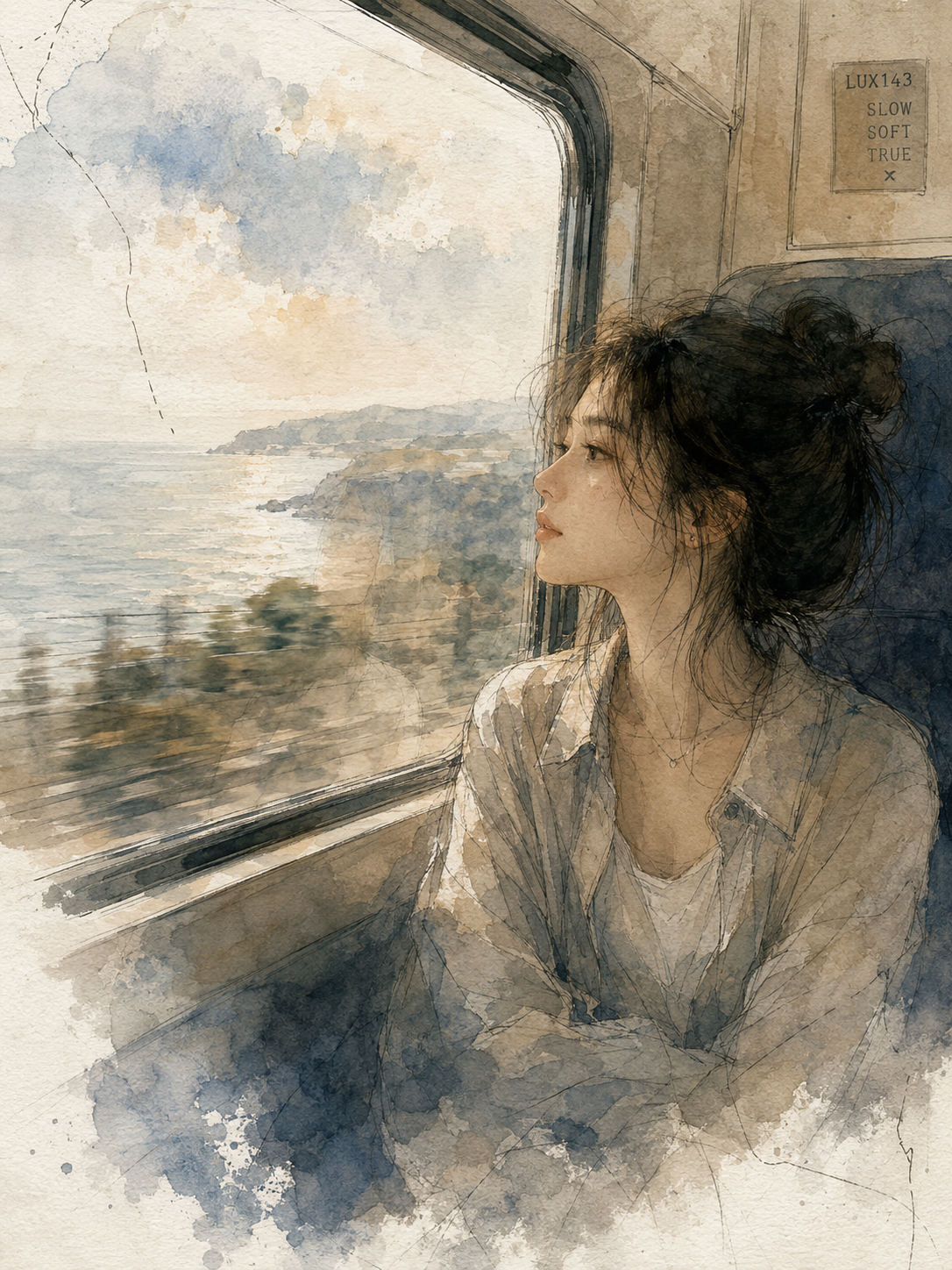 Liya Bellmaris on a train near the sea — a moment of transition